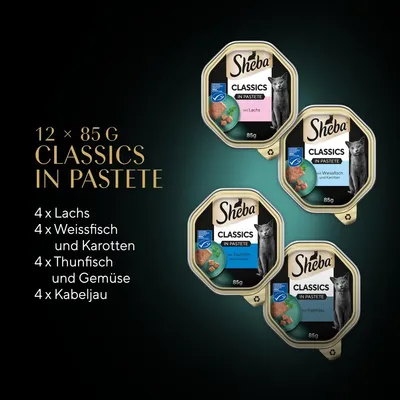 Sheba Classics in Pastete, 12 x 85g. Sorten: 4x Lachs, 4x Weissfisch und Karotten, 4x Thunfisch und Gemüse, 4x Kabeljau.