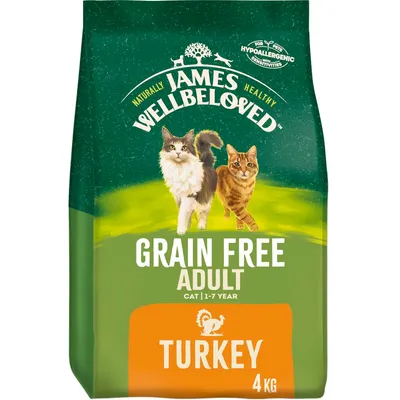 James Wellbeloved Grain Free Adult Cat 1–7 Year Turkey 4 kg. Hypoallergenic for pets with sensitivities. Billede af to katte på emballagen.
