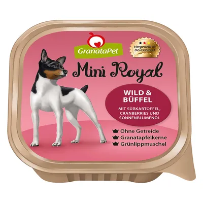 GranataPet Mini Royal Wild & Büffel, met zoete aardappel, cranberries en zonnebloemolie. Zonder granen, met granaatappelpitten en groenlipmossel. Gemaakt in Duitsland.