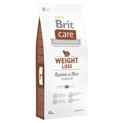 Sac Brit Care Weight Loss Rabbit & Rice 12 kg, texte visible : Prevention by Nutrition, superpremium – no soy, beef, pork, wheat, corn, GMO, formule hypoallergénique pour chiens en surpoids.