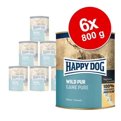 Happy Dog Wild Pur Game Pure, 6x800 g, 100% tierisches protein. Slika prikazuje šest konzervi pseće hrane s natpisima na ambalaži.