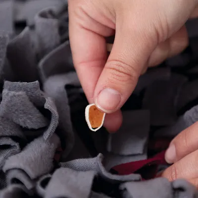 Hand plaatst klein bruin-wit snoepje tussen grijze fleecestroken van een snuffelmat. Materiaal: stof.