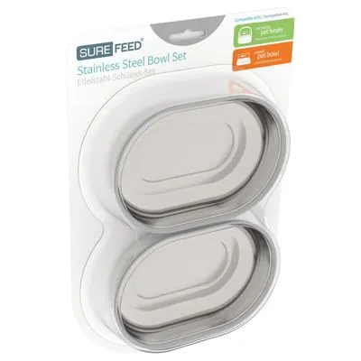 SUREFEED Stainless Steel Bowl Set, set van 2 roestvrijstalen voerbakken in verpakking. Compatibel met pet feeder en pet bowl, volgens zichtbare tekst op de verpakking.