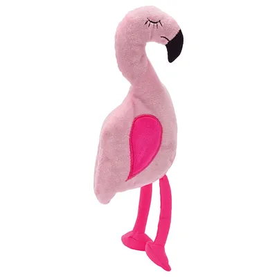 Rosa Plüschspielzeug in Form eines Flamingos mit gestickten Augen und pinken Akzenten.