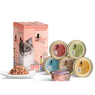 catz finefood Fillet Collection, 6x85g puszek. Wyprodukowano w Niemczech, bez dodatku cukru, bez zbóż, bez testów na zwierzętach. Widoczne smaki: kurczak, łosoś, tuńczyk.