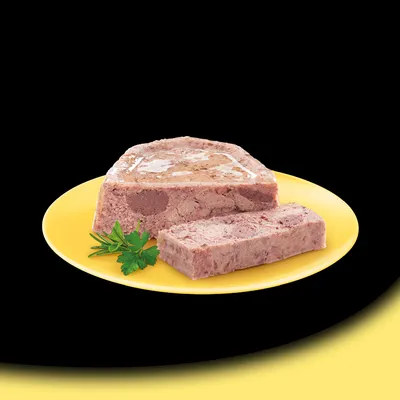 Fleischpastete auf gelbem Teller, dekoriert mit frischer Petersilie. Produktdarstellung für Tiernahrung.