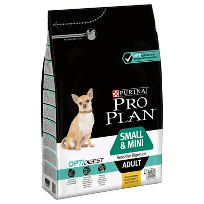 Purina Pro Plan Small & Mini Adult Sensitive Digestion OPTIDIGEST koiranruokapakkaus, kanaa, pienille aikuisille koirille. Tekstit: Opti Nutrition, Rich in chicken, Sensitive Digestion.