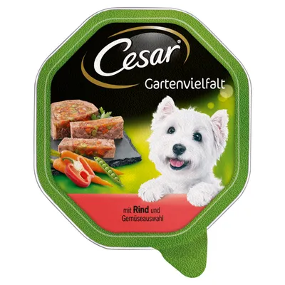 Cesar Gartenvielfalt -koiran märkäruoka. Pakkauksessa kuva valkoisesta koirasta, lihapaloja ja vihanneksia. Teksti: mit Rind und Gemüseauswahl.