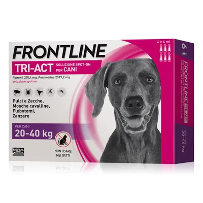 Frontline Tri-Act soluzione spot-on per cani 20–40 kg, 6 x 4 ml. Pulci e zecche, mosche cavalline, flebotomi, zanzare. Non usare nei gatti. Fipronil 270,4 mg, permetrina 2019,2 mg.