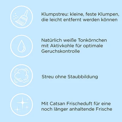 Klumptstreu: kleine, feste Klumpen, leicht entfernbar. Weiße Tonkörnchen mit Aktivkohle für Geruchskontrolle. Streu ohne Staubbildung. Catsan Frischeduft für langanhaltende Frische.