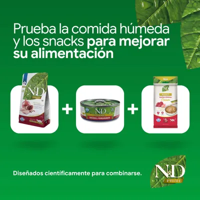 N&D Prime pienso, comida húmeda Chicken & Pomegranate y Adult Cream Snack. Desarrollado para combinarse y ofrecer una mejor nutrición. N&D Prime pienso, comida húmeda Chicken & Pomegranate y Adult Cream Snack. Desarrollado para combinarse y ofrecer una mejor nutrición.