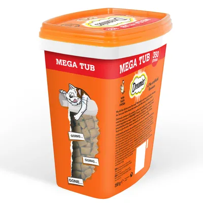 Large orange tub labelled 'MEGA TUB 350 grams' with visible treats inside, cartoon cat illustration, and text showing treat levels: 'GOING... GOING... GONE...'.