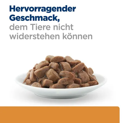 Hervorragender Geschmack, dem Tiere nicht widerstehen können. Abgebildet ist ein Teller mit saftigen Fleischstücken in Sosse.