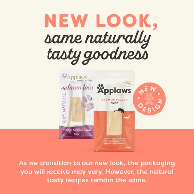 Image shows two Applaws salmon treat packs with text: 'New look, same naturally tasty goodness. New design. Packaging may vary but recipes remain the same.'