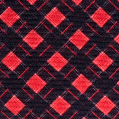 Motif écossais à carreaux rouges et noirs sur tissu, gros plan du matériau visible.