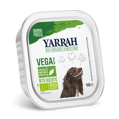 Yarrah Bio-Organic Vega kutyaeledel csomagolás, 150 g, zöldségekkel, csipkebogyóval, gabonamentes, bio tanúsítvány NL-BIO-01, kutya képe a dobozon