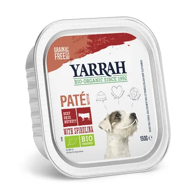 Yarrah Bio-Organic Since 1992 kutyapástétom, marhahússal és spirulinával, gabonamentes recept, 150 g, bio tanúsítvány NL-BIO-01, kutya képe a csomagoláson