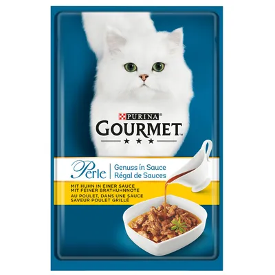 Purina Gourmet Perle Régal de Sauces au poulet, dans une sauce saveur poulet grillé. Image d’un chat blanc et d’un bol de morceaux en sauce sur l’emballage.