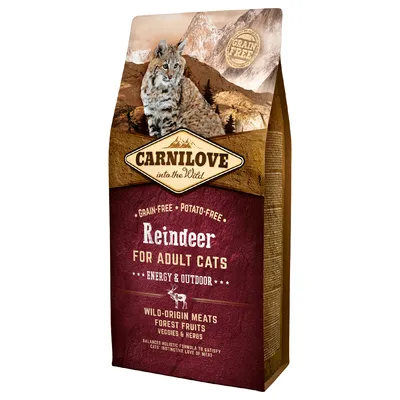 Sac Carnilove into the Wild Reindeer for Adult Cats, grain-free, potato-free, energy & outdoor, wild-origin meats, forest fruits, veggies & herbs. Texte en anglais.