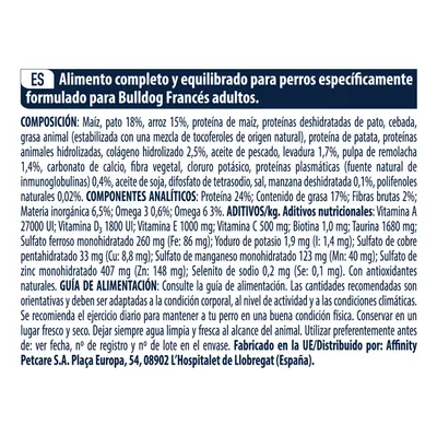 Texto: Alimento completo y equilibrado para perros Bulldog Francés adultos. Composición, componentes analíticos, aditivos, guía de alimentación y datos de fabricación Affinity Petcare S.A.