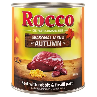 Rocco Seasonal Menu Autumn, 800 g. Wołowina z królikiem i makaronem fusilli. Widoczne mięso, makaron spiralny i oliwki na opakowaniu.