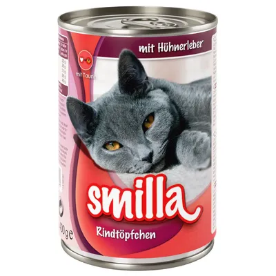 Boîte de nourriture pour chat Smilla Rindtöpfchen, texte allemand « mit Hühnerleber », image d’un chat gris, mention « mit Taurin », poids 400 g visible sur l’emballage.