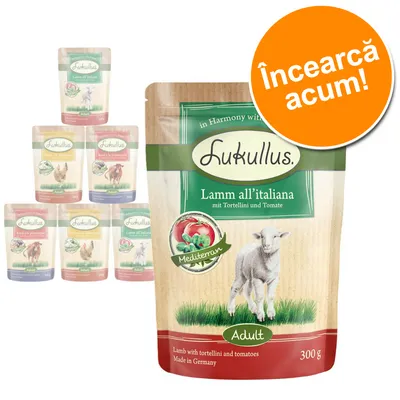 Pachet hrană pentru câini Lukullus Lamm all’italiana, 300 g, cu miel, tortellini și roșii. Text promoțional: Încearcă acum! Ambalaje suplimentare vizibile în fundal.