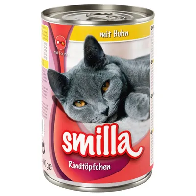 Boîte de nourriture pour chat Smilla, texte visible : Rindtöpfchen, mit Huhn, mit Taurin, 400 g. Image d’un chat gris sur l’étiquette.