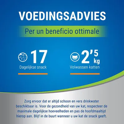 Voedingsadvies: 17 dagelijkse snacks voor volwassen katten van 2,5 kg. Zorg altijd voor schoon drinkwater en respecteer de maximale dagelijkse hoeveelheid. Tekst deels in het Italiaans.