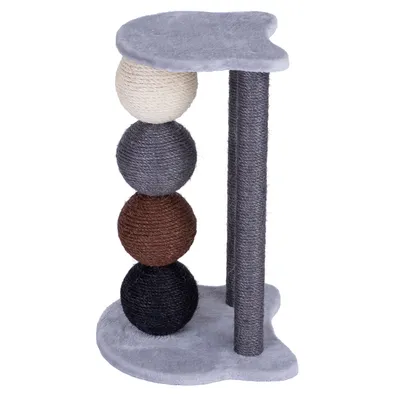 Cat tree with grey platform, four sisal balls in cream, grey, brown and black, and a grey sisal post on a grey base.