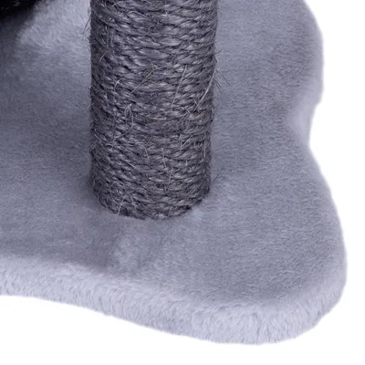 Cat tree base made of grey plush with scratching post wrapped in sisal.