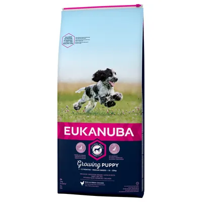 EUKANUBA Growing Puppy -kuivaruokapakkaus, keskikokoisille pennuille 1–12 kk, paino 10–25 kg. Pakkaus: koiran kuva, teksti 'Rich in fresh chicken', 'Optimal body condition'.