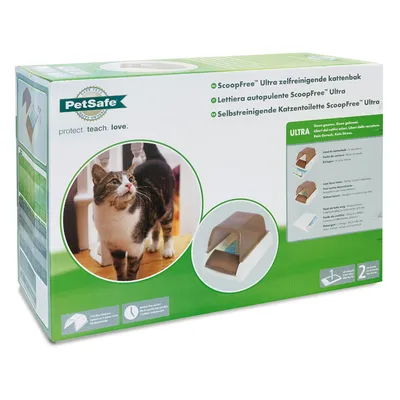 Packaging for a self-cleaning litter box showing product name, images of the litter box and a cat, usage instructions, and key features in multiple languages.