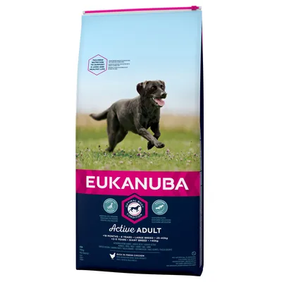 EUKANUBA Active Adult -koiranruokapakkaus, näkyvissä juokseva koira, merkinnät: proteiinin lähde, optimaalinen kehon kunto, sopii isoille ja jättiroduille, sisältää tuoretta kanaa.