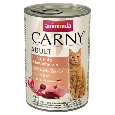 Animonda Carny Adult macskaeledel, csirke, pulyka és kacsaszív. 100% friss összetevők, gabonamentes, Made in Germany. Taurinnal és szárnyas-jelzéssel.