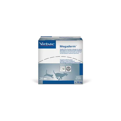 Virbac Megaderm, ihotoiminnan tukeminen dermatoosin ja karvanlähdön yhteydessä, omega-6/3-suhde 5:1, E-vitamiini. Koirille ja kissoille alle 10 kg. Pakkaus 28 yksikköä.