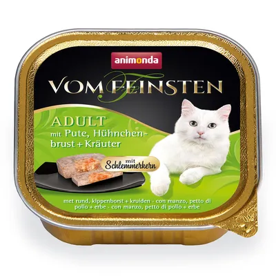 animonda Vom Feinsten ADULT mit Pute, Hühnerbrust + Kräuter. Embalagem de comida húmida para gatos adultos com imagem de gato branco e pedaços de carne em prato preto.