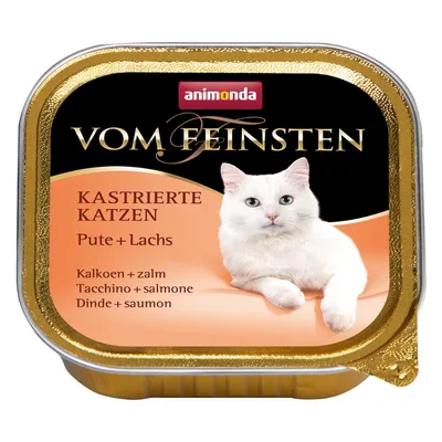 animonda Vom Feinsten Kastrierte Katzen Pute + Lachs. Kalkoen + zalm, Tacchino + salmone, Dinde + saumon. Embalagem de comida húmida para gatos visível.