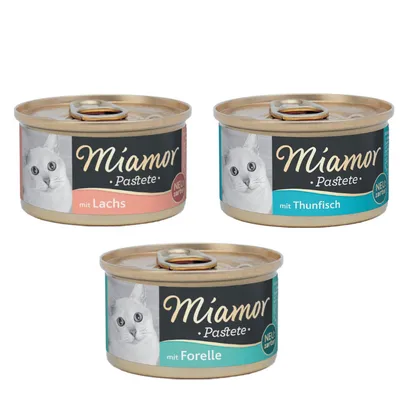 Miamor Pastete in Dosen, Sorten: mit Lachs, mit Thunfisch, mit Forelle. Neu und zart.