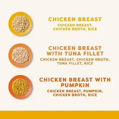 Ingredients overview: Chicken Breast with chicken breast, broth, rice; Chicken Breast with Tuna Fillet with tuna; Chicken Breast with Pumpkin with pumpkin. Ingredients overview: Chicken Breast with chicken breast, broth, rice; Chicken Breast with Tuna Fillet with tuna; Chicken Breast with Pumpkin with pumpkin.