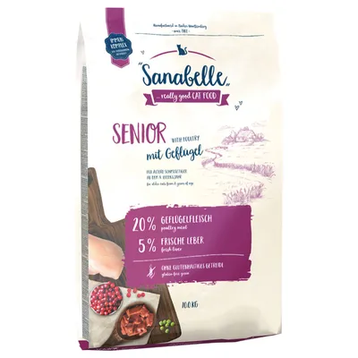 Sanabelle Senior with poultry, 20% poultry meat, 5% fresh liver, gluten-free grains. For older cats from 8 years. Pack size: 10 kg.