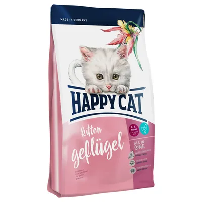 Happy Cat kitten geflügel tørfoder, 2–6 Monat, All in One, 91,0 animal protein, for kittens. Tekst på engelsk og tysk synlig på posen.