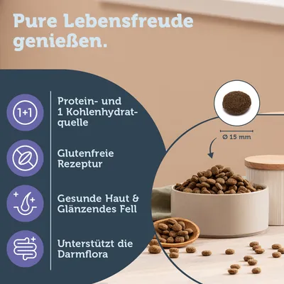 Pure Lebensfreude geniessen. Protein- und Kohlenhydratquelle, glutenfreie Rezeptur, gesunde Haut & glänzendes Fell, unterstützt die Darmflora. Kroketten Ø 15 mm abgebildet.