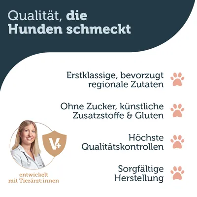 Qualität, die Hunden schmeckt. Erstklassige, bevorzugt regionale Zutaten. Ohne Zucker, künstliche Zusatzstoffe & Gluten. Höchste Qualitätskontrollen. Sorgfältige Herstellung.