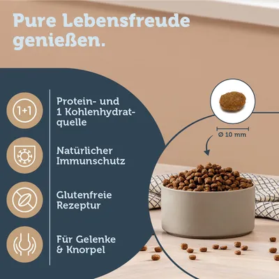 Pure Lebensfreude genießen. Protein- und 1 Kohlenhydratquelle, Natürlicher Immunschutz, Glutenfreie Rezeptur, Für Gelenke & Knorpel. Croquette Ø 10 mm. Texte en allemand.