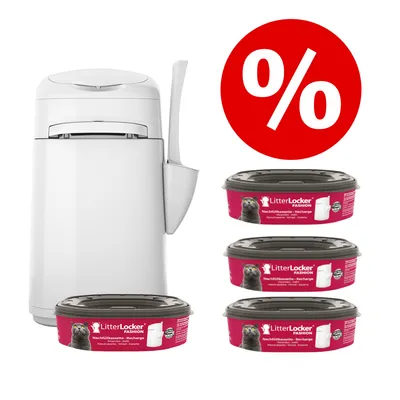 LitterLocker Fashion Eimer mit 4 Nachfüllkassetten. Rotes Prozent-Symbol für Rabattaktion.