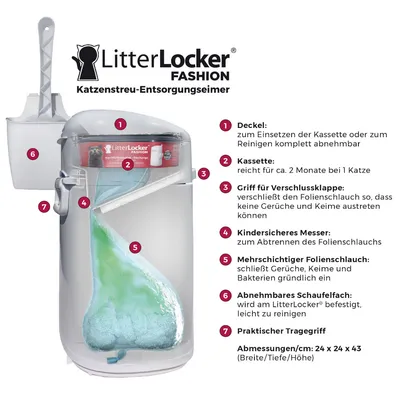 LitterLocker Fashion Katzenstreu-Entsorgungseimer mit abnehmbarem Deckel, Kassette für ca. 2 Monate, kindersicherem Messer, mehrschichtigem Folienschlauch und praktischem Tragegriff.