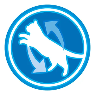 Biely silueta mačky v modrom kruhu s dvoma modrými šípkami okolo tela. Žiadny text ani značka nie sú viditeľné.