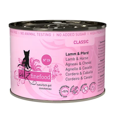 Catz finefood Classic Nr. 19, lamm och häst, spannmålsfri, utan tillsatt socker, inga djurförsök, 93 % kött och kokvätska.