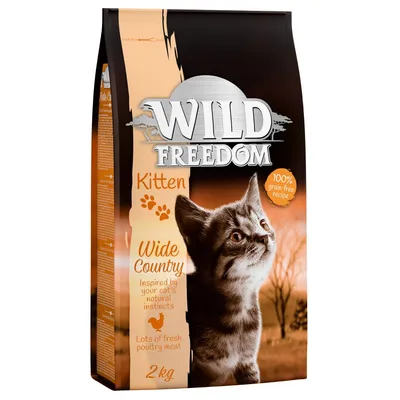 Wild Freedom Kitten Wide Country, 100% grain-free recipe, lots of fresh poultry meat, 2 kg. Inspired by your cat's natural instincts. Image of a kitten on the packaging.